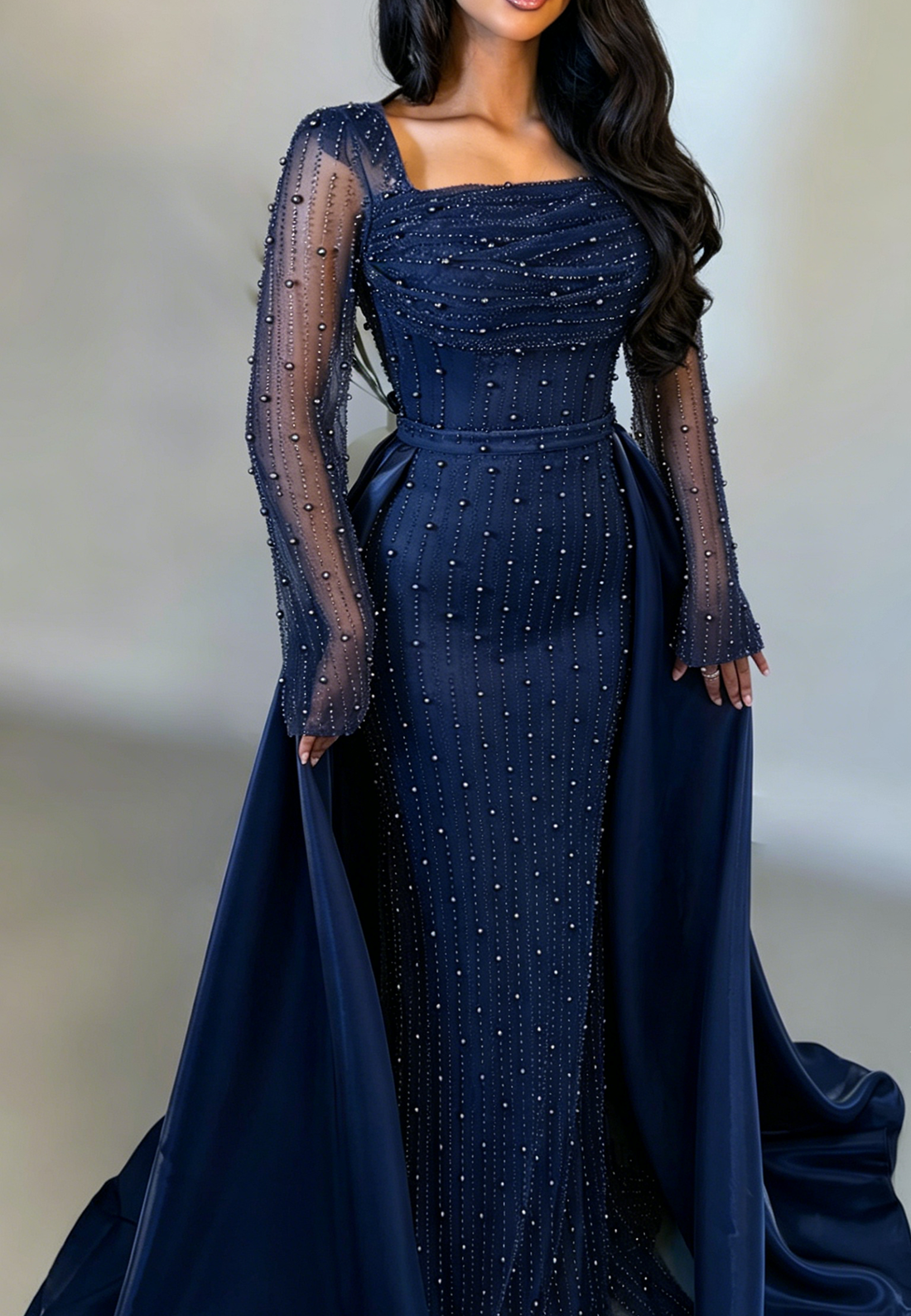 Sheath Square Neck Long Sleeves Beaded Sweep Train Evening Dress