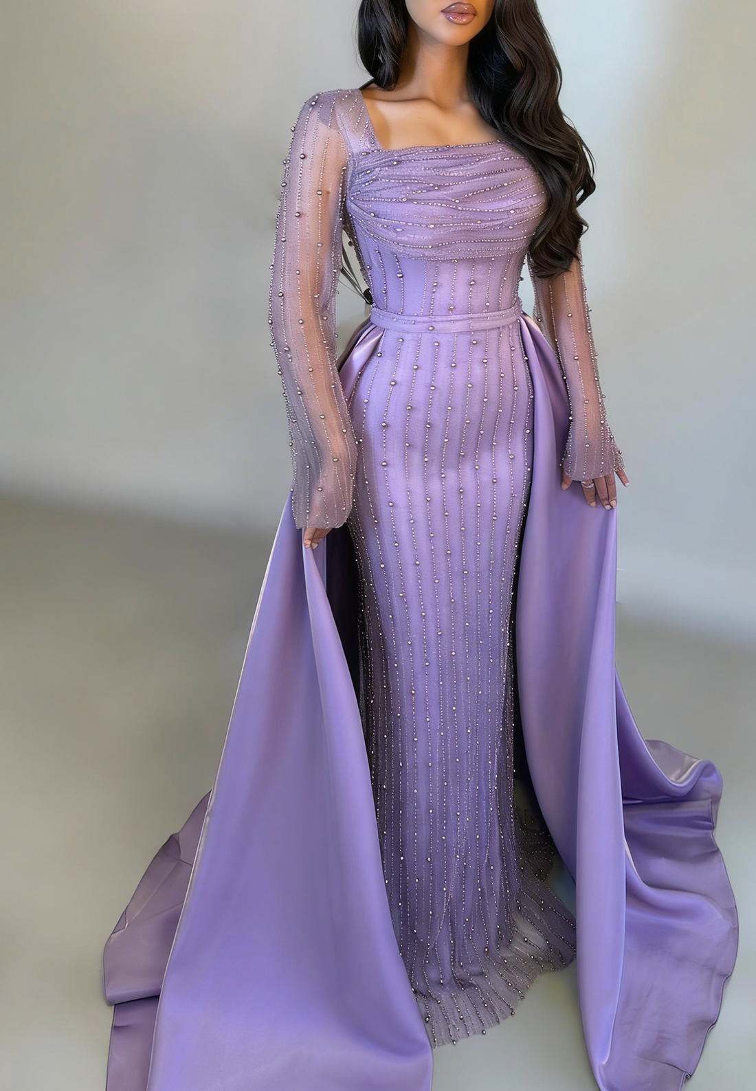 Sheath Square Neck Long Sleeves Beaded Sweep Train Evening Dress