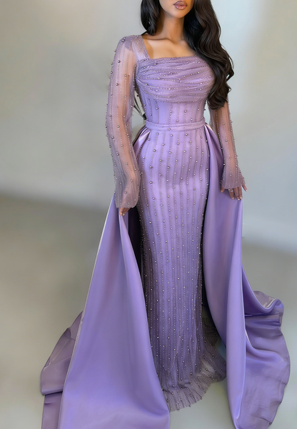 Sheath Square Neck Long Sleeves Beaded Sweep Train Evening Dress