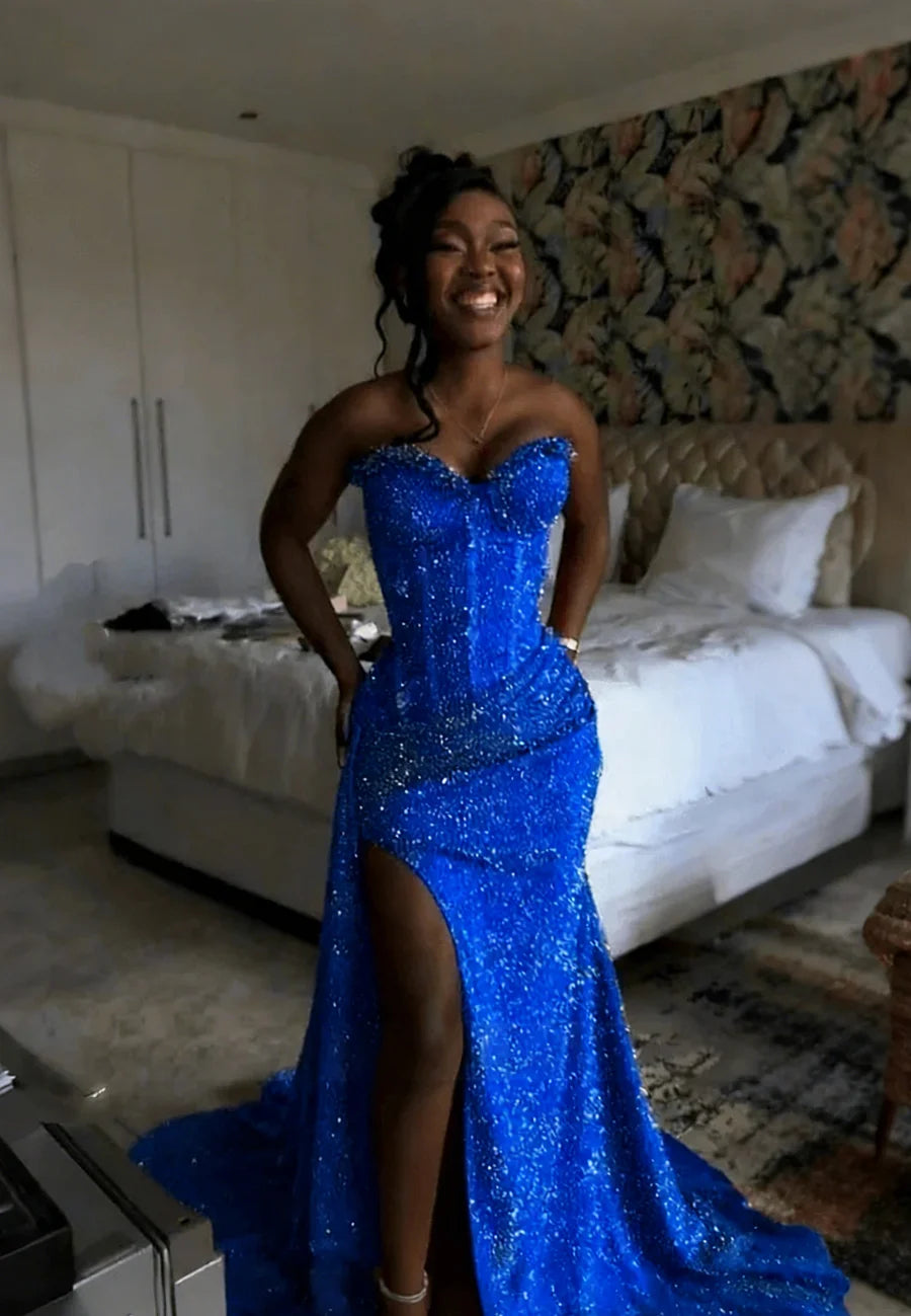 Orange Sweetheart Beaded Rhinestones Sleeveless Side Slit Pleated Mermaid Prom Dress