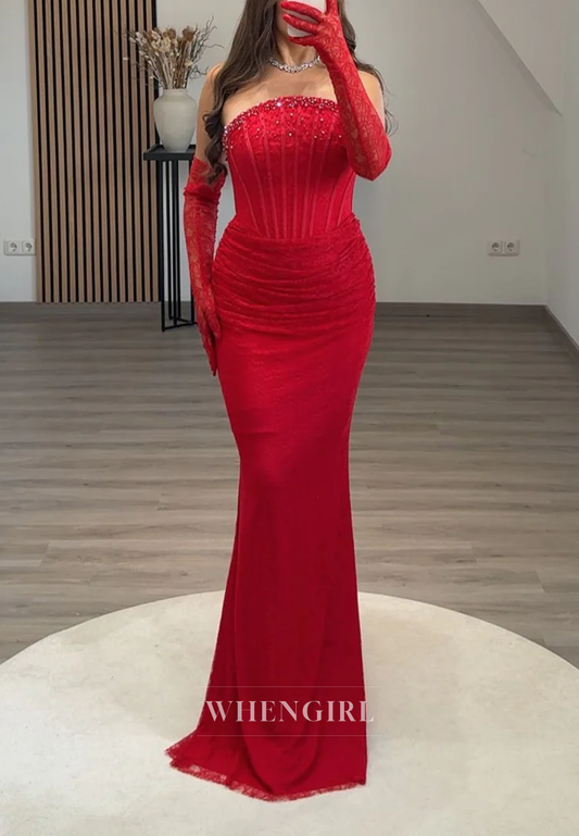 Strapless Beaded Pleated Sheath Long Lace Formal Evening Gown with Gloves