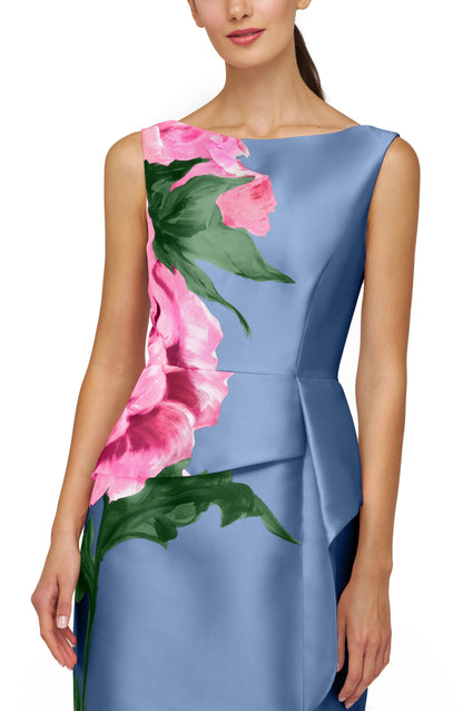 Blue Sheath Bateau Neck Slit Flower Column Gown