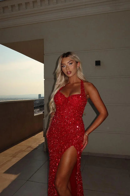 Sequins Halter Sweetheart Sleeveless Long Prom Dress With Split