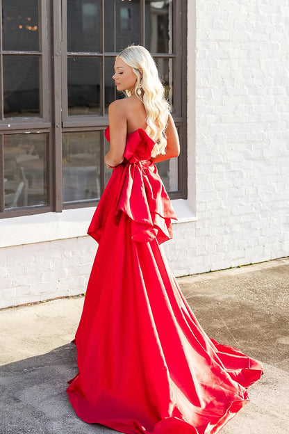 Mermaid Strapless Red Satin Long Prom Dresses with Bowknot