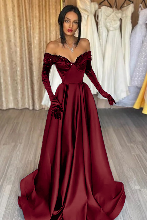 Glamorous Black Off the Shoulder Long Sleeves A Line Evening Dress with Appliques