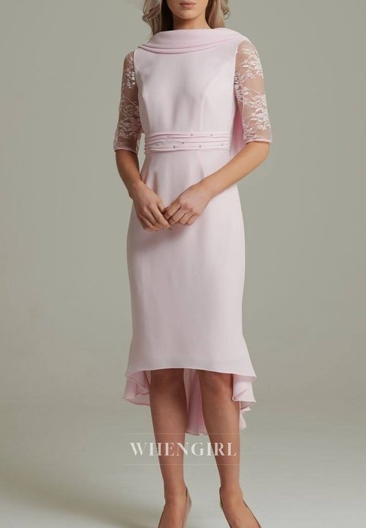 Light Pink Bateau Neck Half Sleeves Beaded Pleated Ruffles Sheath Knee Length Mother og the Bride Dress