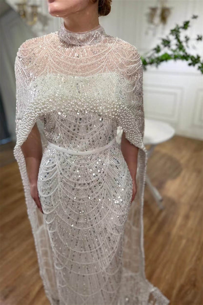 High Neck Sheath Pearls Prom Dresses With Cape Long Sequins Beads