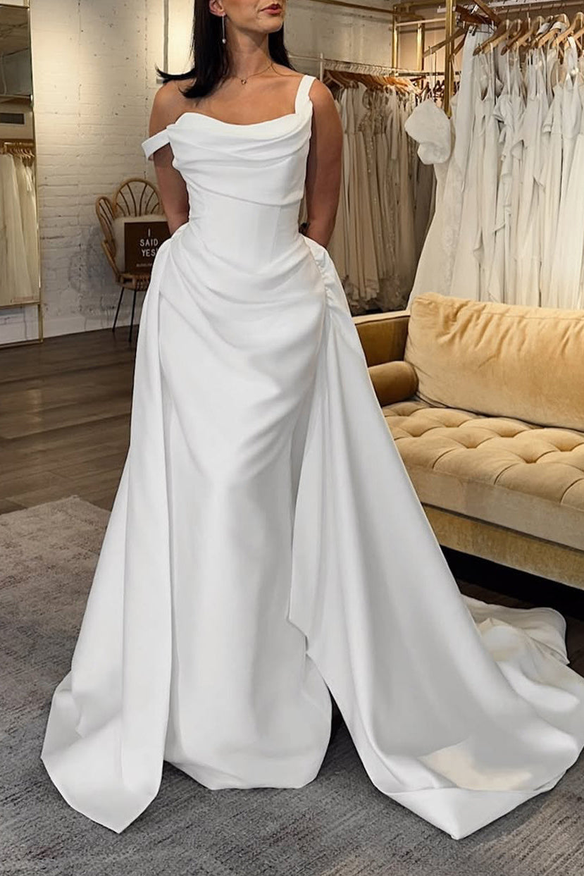 Elegant Mermaid Square Neck Satin Wedding Dress with Train