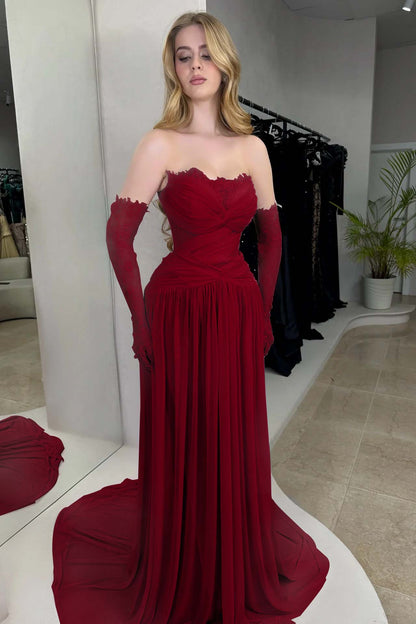 Column Strapless Fitted Prom Dress in Chiffon Pleated with Lace