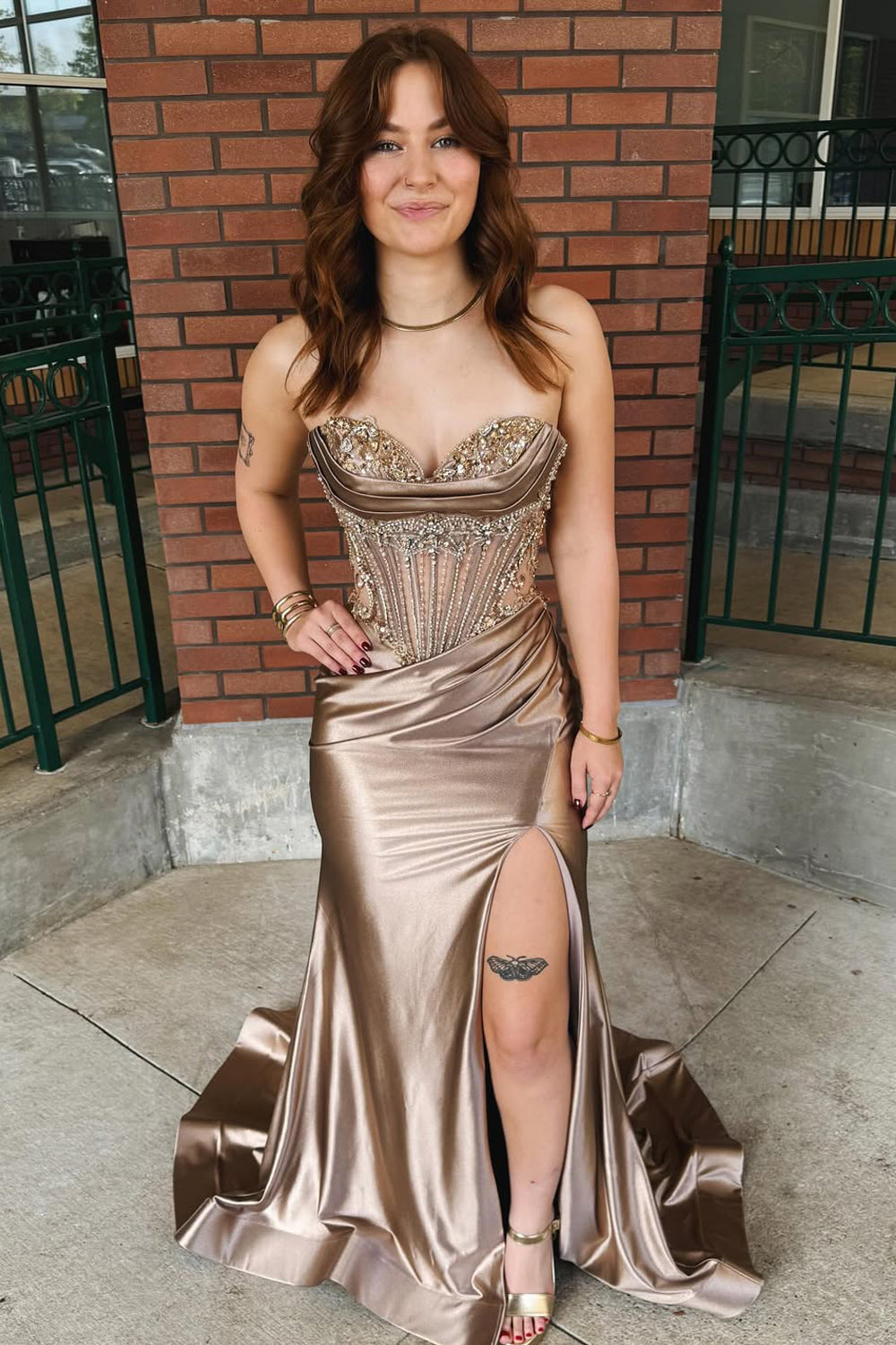 Charming Mermaid Sweetheart Brown Silk Satin Long Prom Dress with Slit