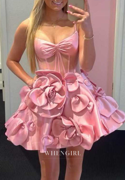 A-Line Spaghetti Straps V Neck Floral Sleeveless Satin Homecoming Dress