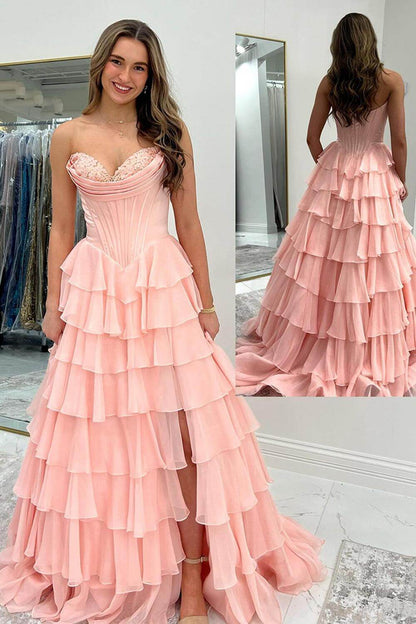 Cute A Line Sweetheart Blush Pink Tiered Chiffon Prom Dresses with Slit