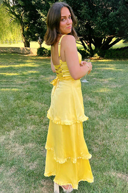 A-Line Orange Prom Dress Tiered Ruffles Straps Satin Sleeveless