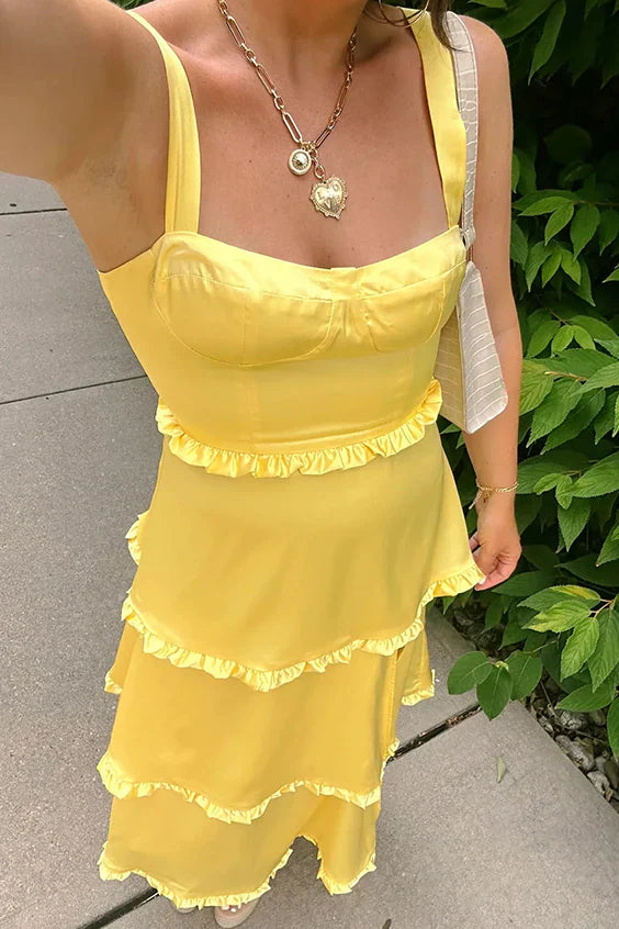 A-Line Orange Prom Dress Tiered Ruffles Straps Satin Sleeveless