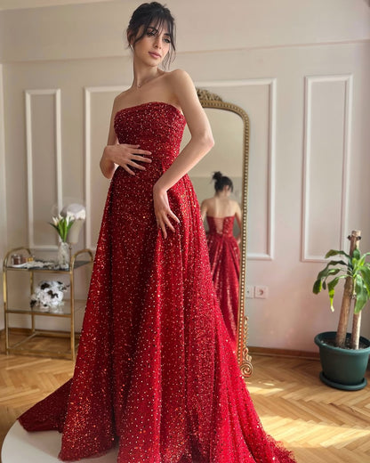 A Line Strapless Red Sequin Prom Dress Long Evneing Gown