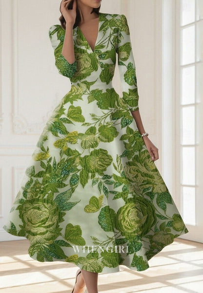 A-Line Tea Length Cocktail Dresses Elegant V Neck Mother of the Bride Dress