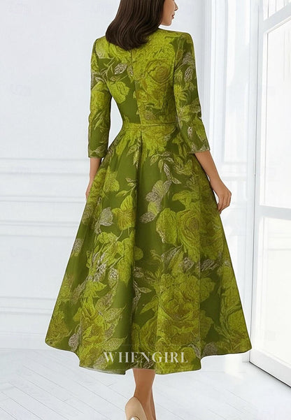A-Line Tea Length Cocktail Dresses Elegant V Neck Mother of the Bride Dress