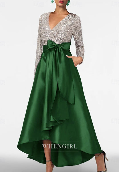 A-Line V Neck Long Sleeves High Low Mother of the Bride Dress