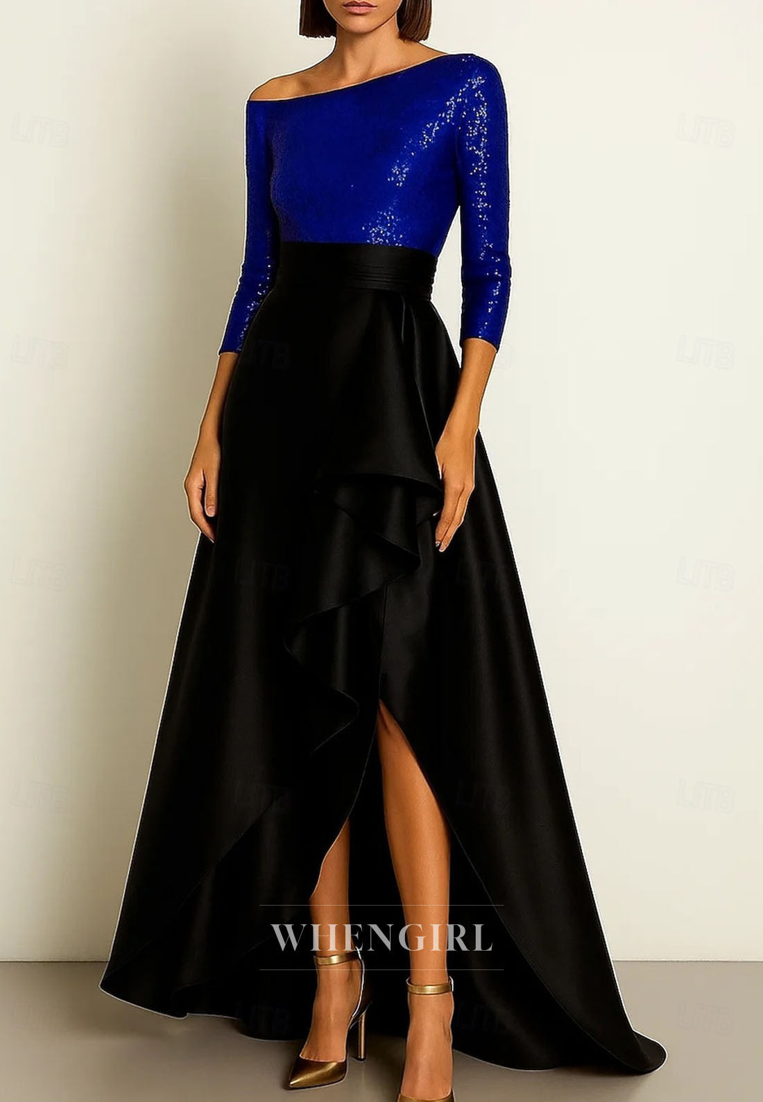One Shoulder A-Line 3/4 Sleeves Ruffles Sequin Mother of the Bride Dress