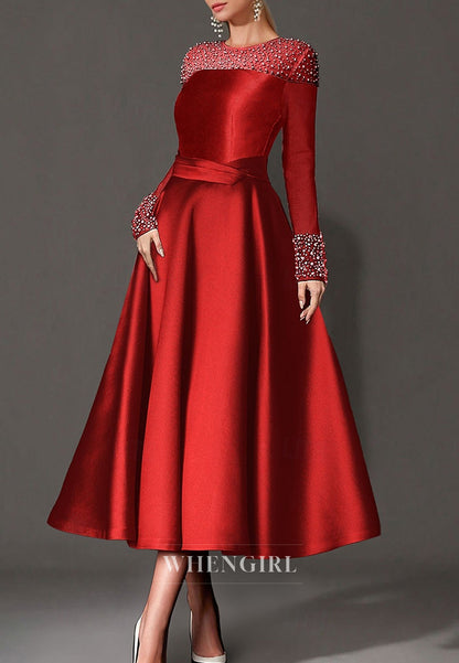 A-Line Satin Bateau Neck Long Sleeves Beaded Tea Length Mother of the Bride Dress