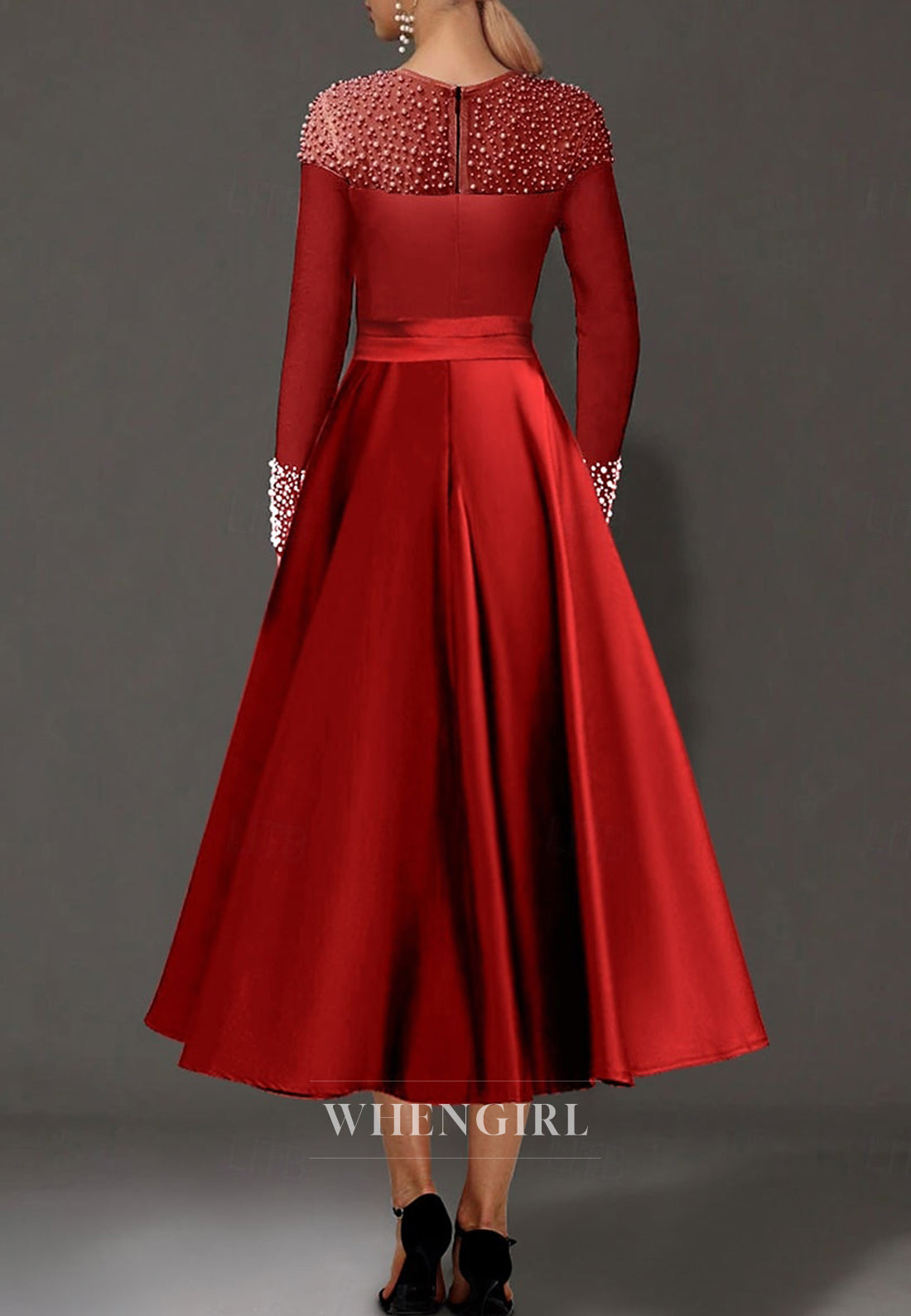 A-Line Satin Bateau Neck Long Sleeves Beaded Tea Length Mother of the Bride Dress