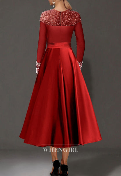 A-Line Satin Bateau Neck Long Sleeves Beaded Tea Length Mother of the Bride Dress