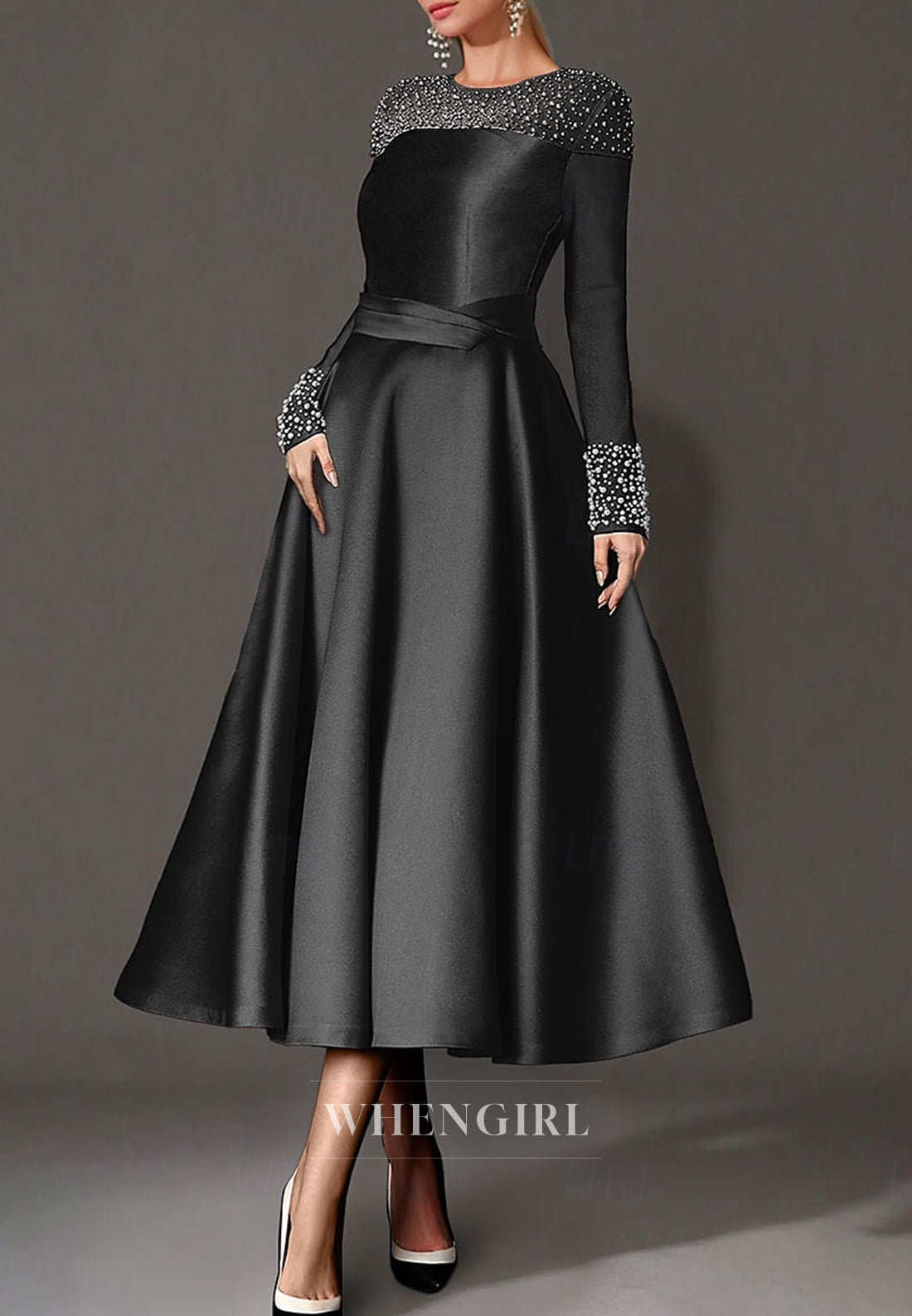 A-Line Satin Bateau Neck Long Sleeves Beaded Tea Length Mother of the Bride Dress