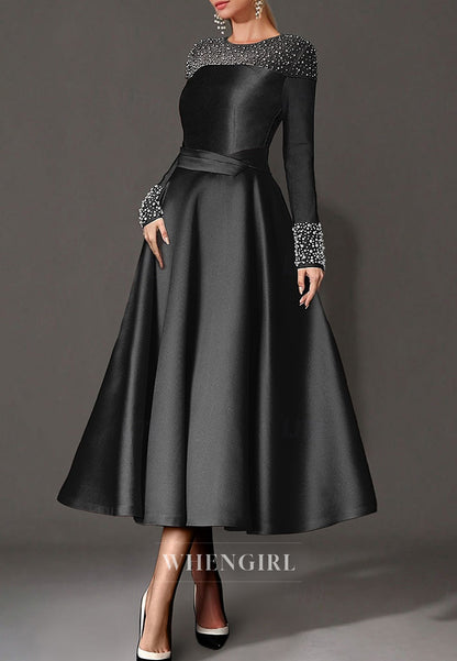 A-Line Satin Bateau Neck Long Sleeves Beaded Tea Length Mother of the Bride Dress