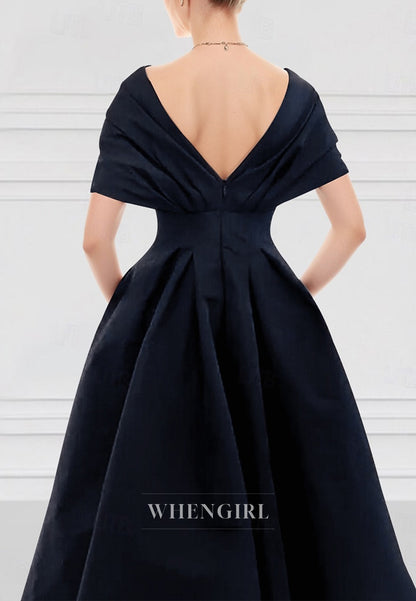 A-Line V Neck Short Sleeves Embrotdery Pleated Mother of the Bride Dress