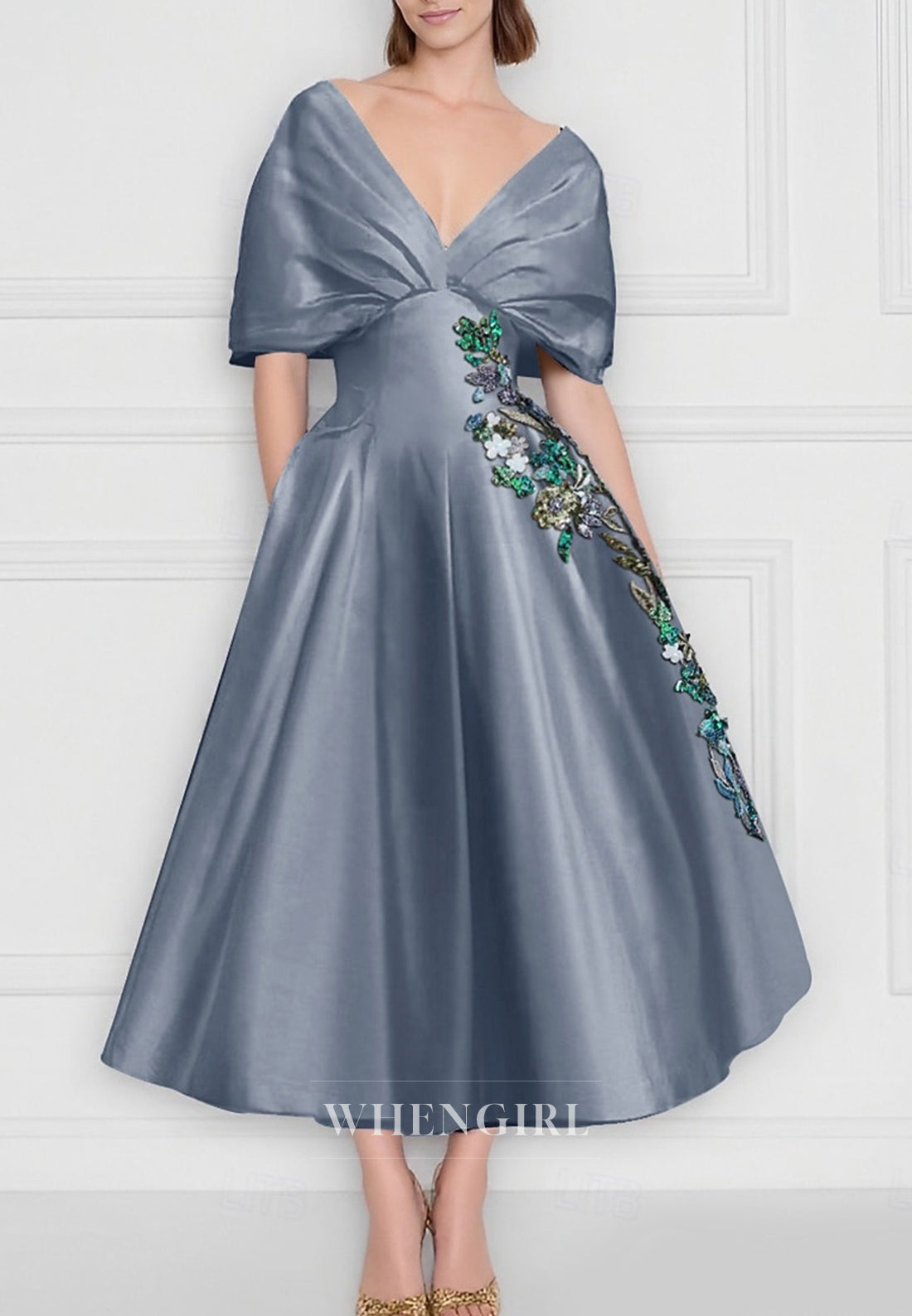 A-Line V Neck Short Sleeves Embrotdery Pleated Mother of the Bride Dress