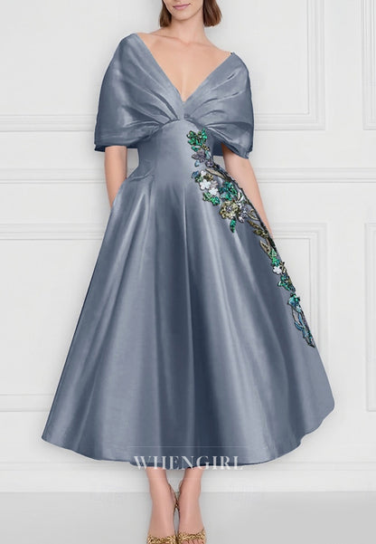 A-Line V Neck Short Sleeves Embrotdery Pleated Mother of the Bride Dress