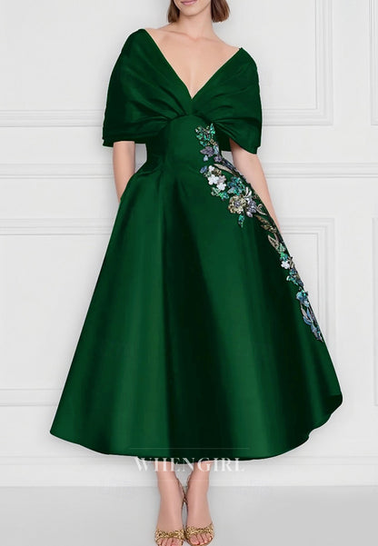 A-Line V Neck Short Sleeves Embrotdery Pleated Mother of the Bride Dress