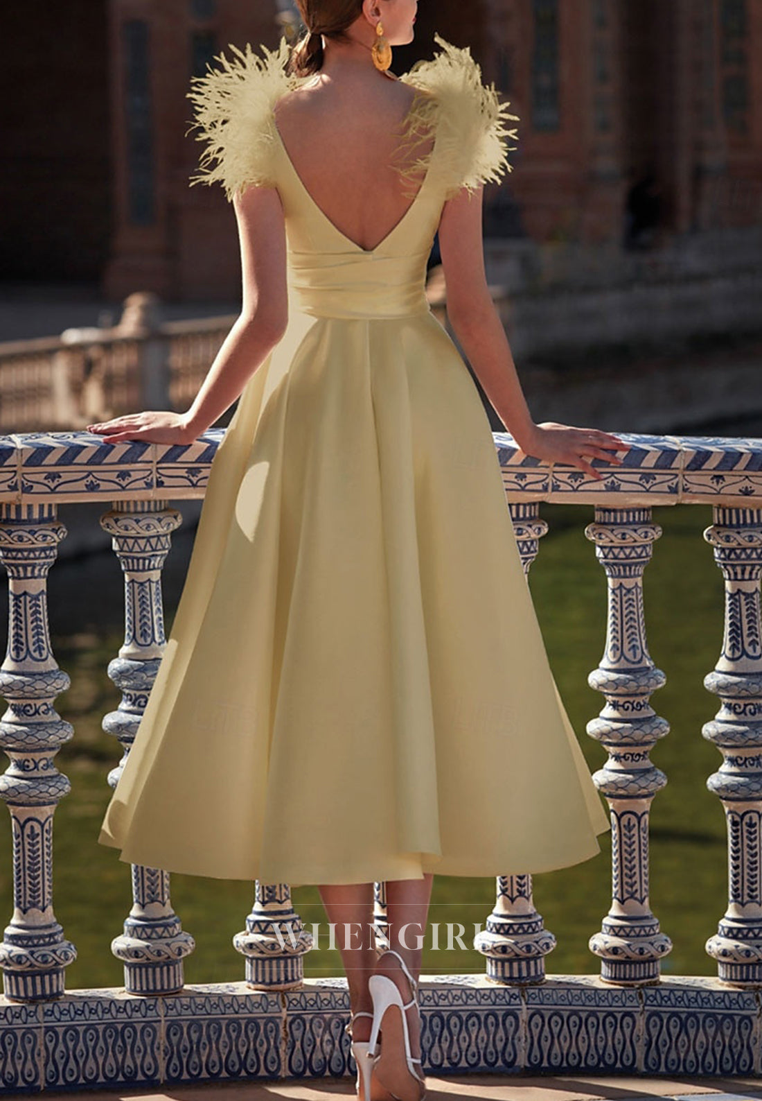 V Neck Sleeveless Feathers Straps A-Line Tea Length Mother of the Bride Dress