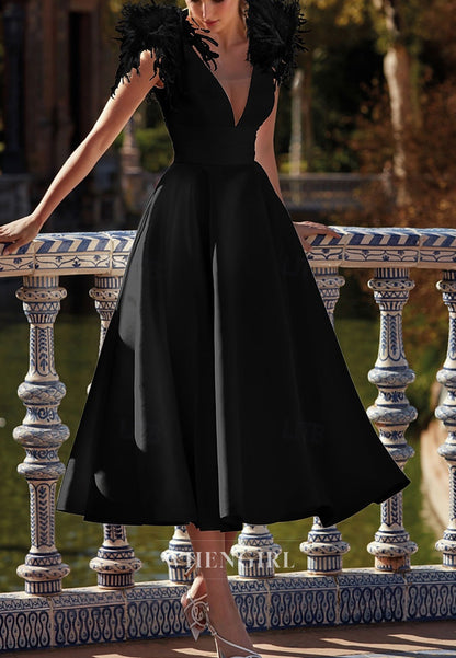 V Neck Sleeveless Feathers Straps A-Line Tea Length Mother of the Bride Dress