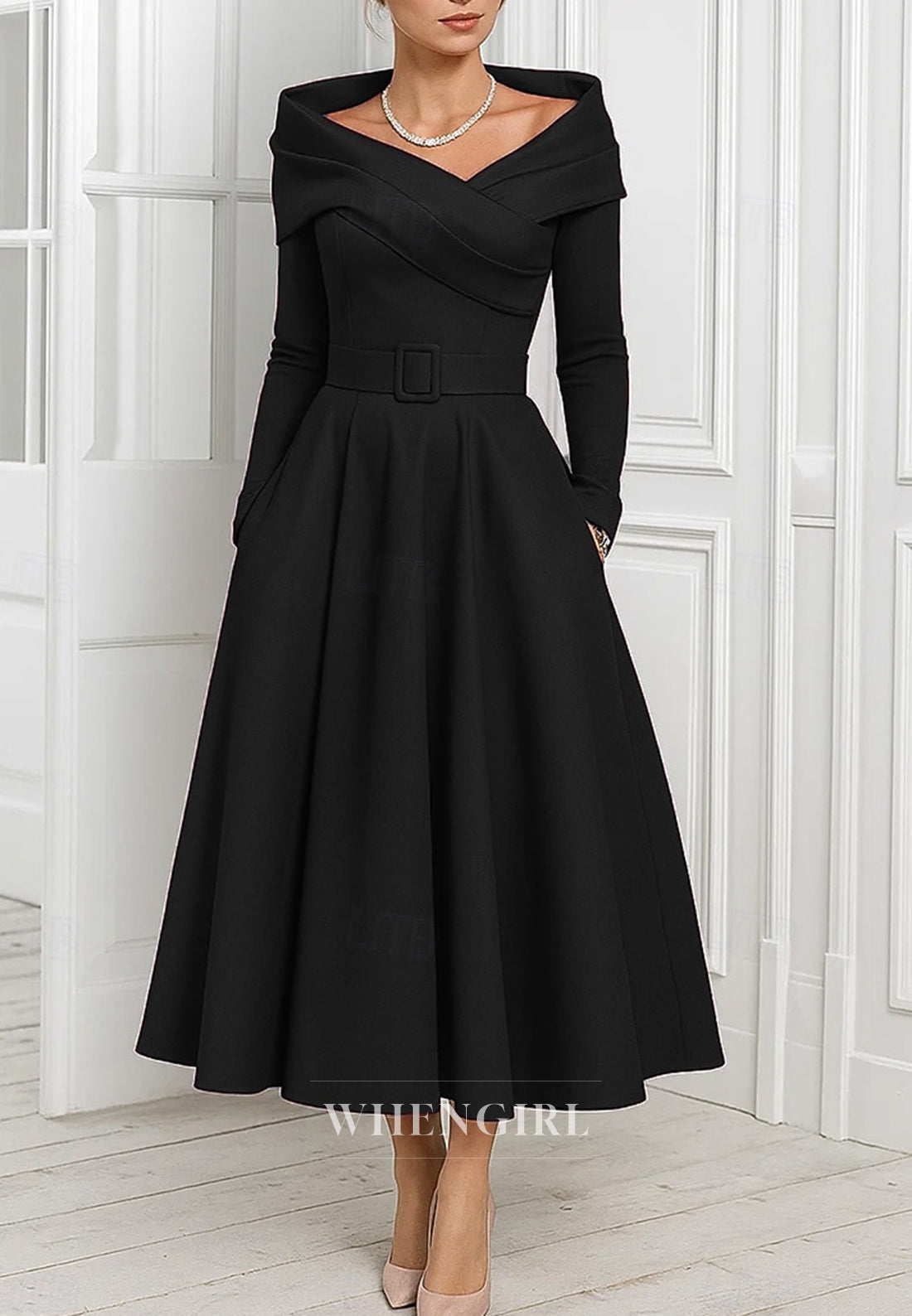 A-Line Long Sleeves Tea Length Pleated Mother of the Bride Dress