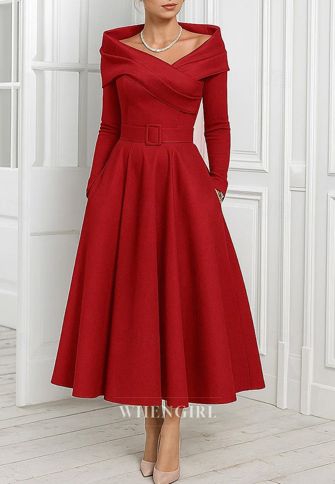 A-Line Long Sleeves Tea Length Pleated Mother of the Bride Dress