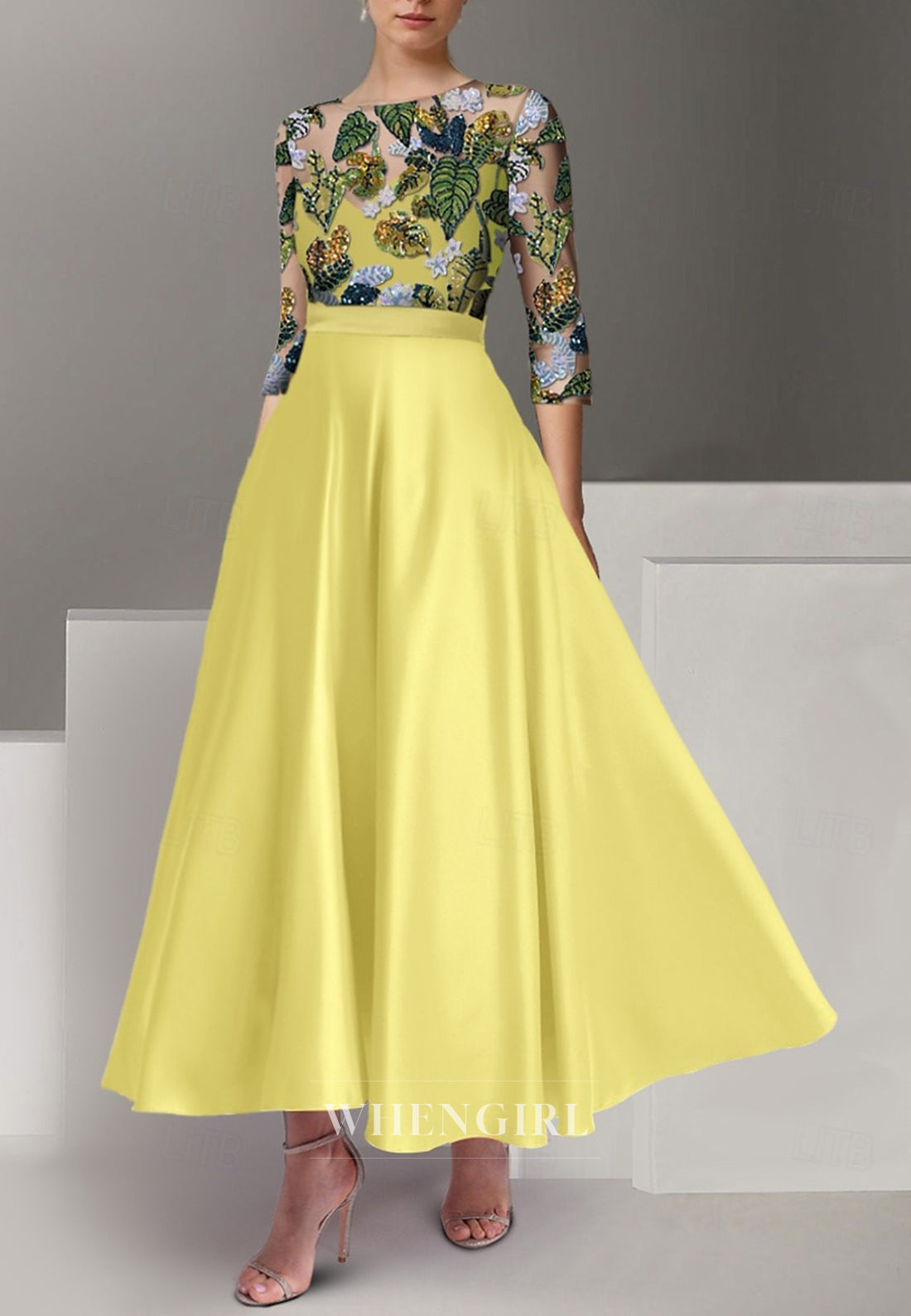 A-Line Sequin Embroidery 3/4 Sleeves Bateau Neck Mother of the Bride Dress
