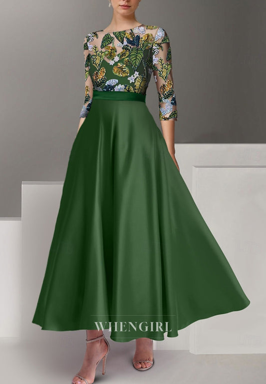 A-Line Sequin Embroidery 3/4 Sleeves Bateau Neck Mother of the Bride Dress