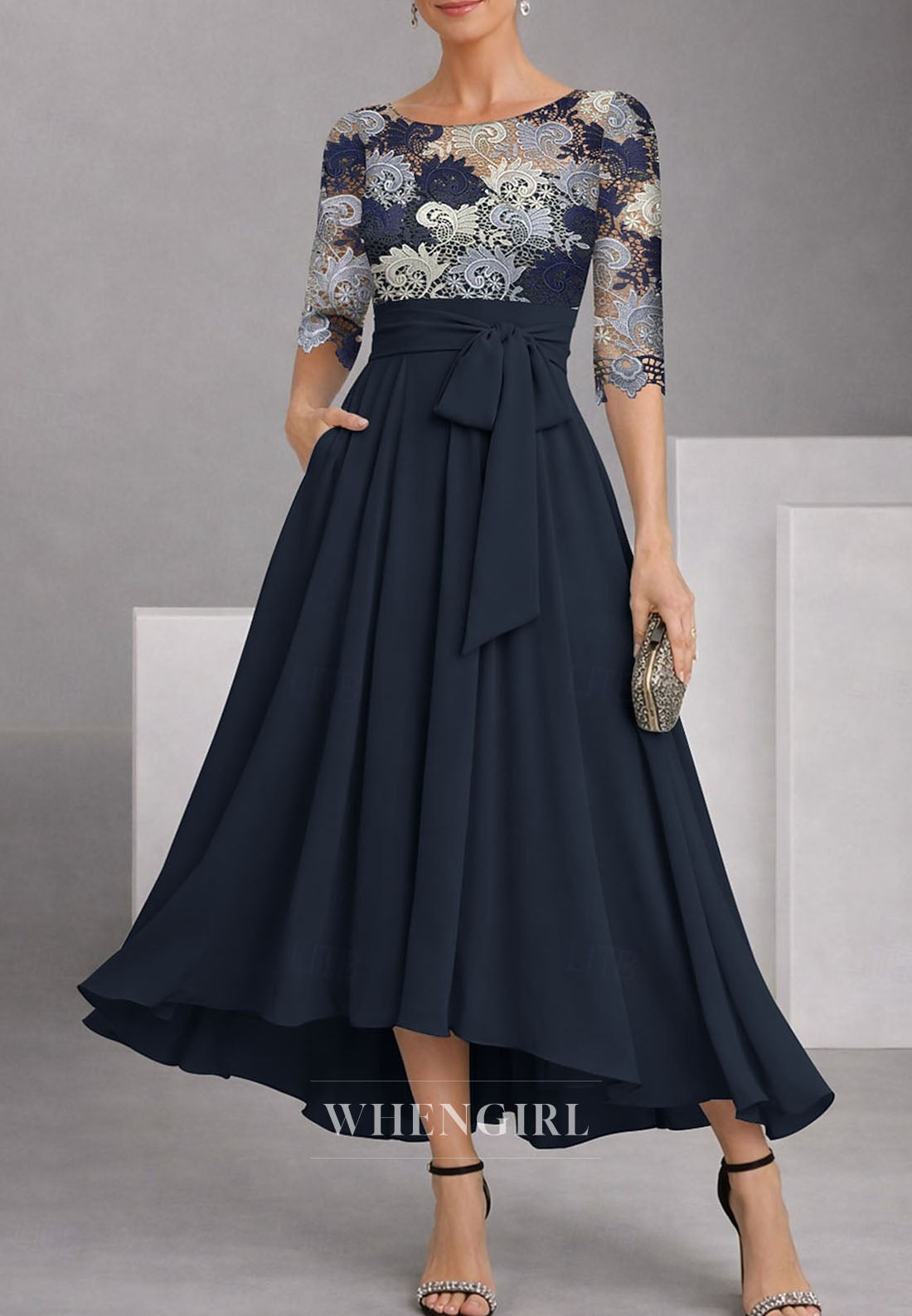 A-Line Bateau Neck Half Sleeves Bowknot Mother of the Bride Dress