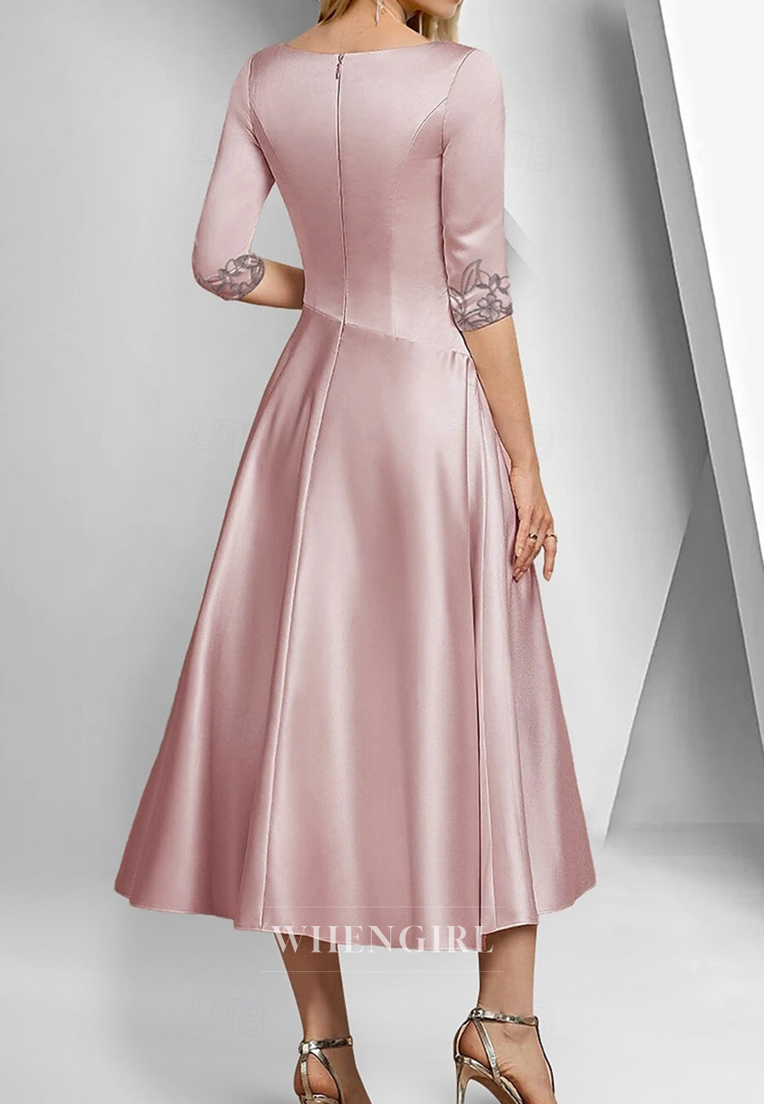 A-Line Tea Length Half Sleeves Appliques V Neck Mother of the Bride Dress