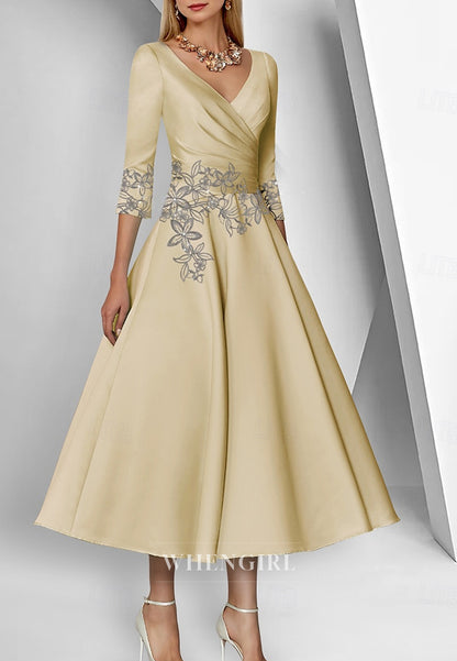 A-Line Tea Length Half Sleeves Appliques V Neck Mother of the Bride Dress