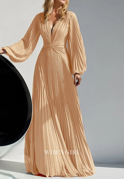 A-Line Pleated Long Sleeves Back Zipper Mother of the Bride Dress