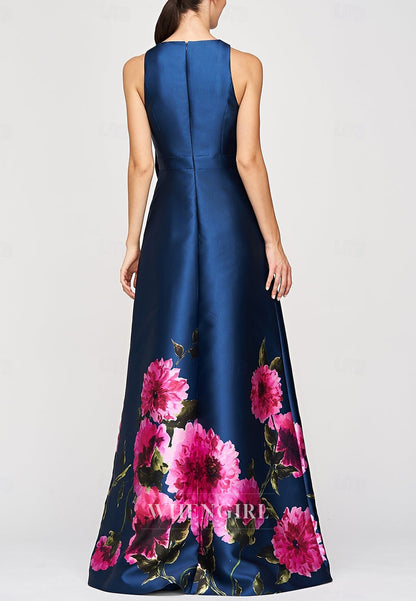 Navy Floral Bateau Neck Sleeveless Bowknot Mother of the Bride Dress