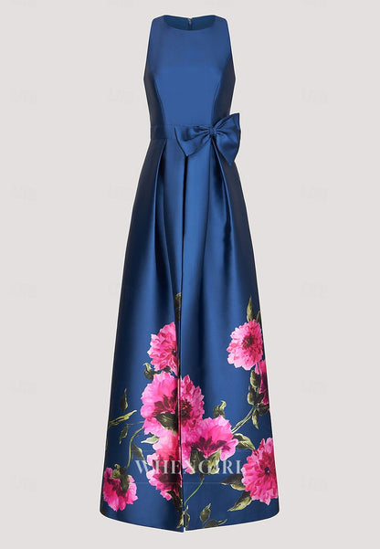 Navy Floral Bateau Neck Sleeveless Bowknot Mother of the Bride Dress