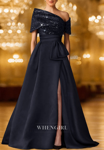 A-Line Floor Length Side Slit Back Zipper Off Shoulder Mother of the Bride Dress