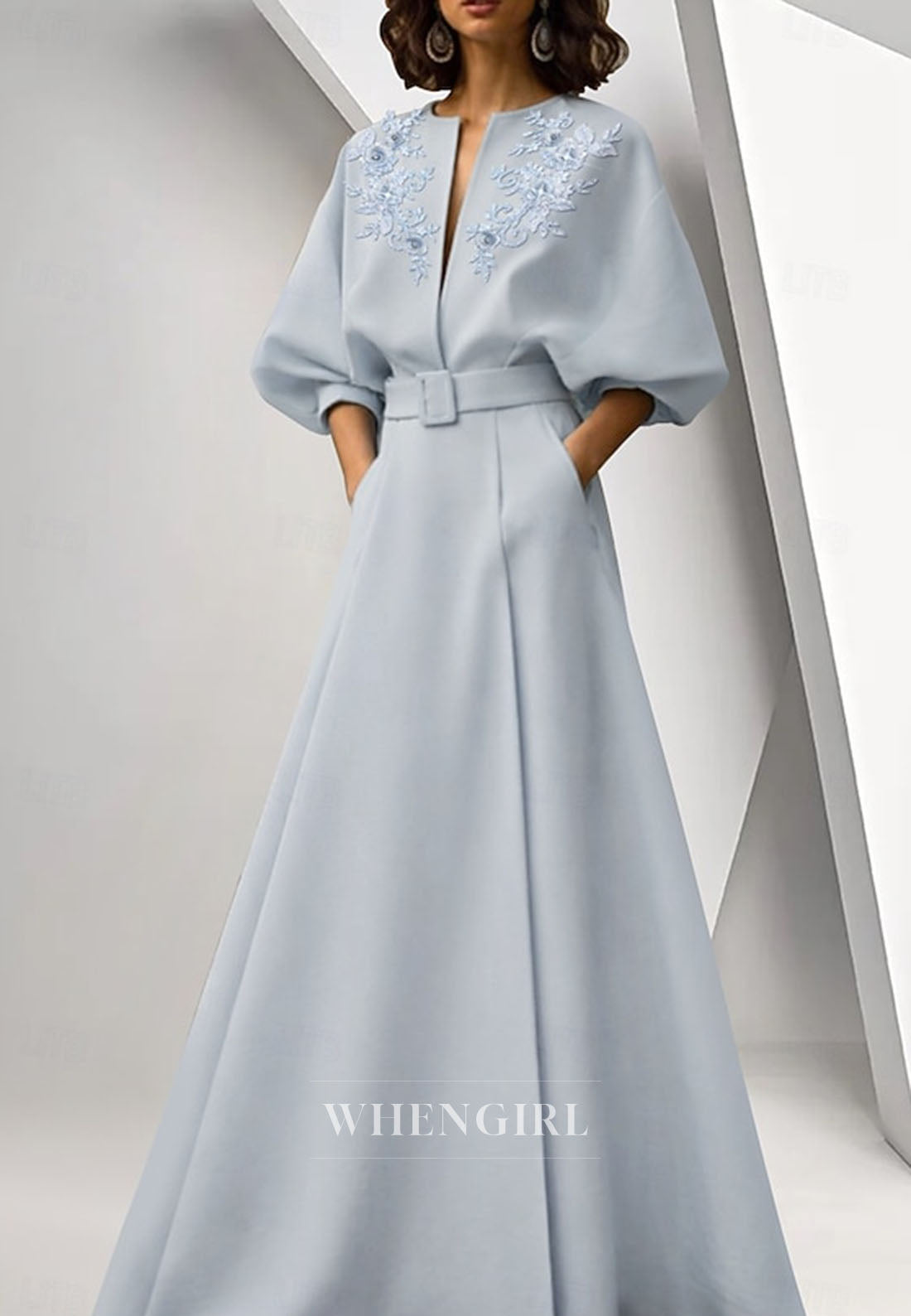 A-Line Puff Sleeves Embroidery Mother of the Bride Dress with Pockets