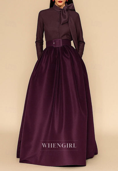 A-Line Floor Length Long Sleeves Bowknot Mother of the Bride Dress
