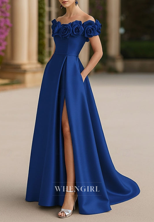 A-Line 3D Flowers Off Shoulder Mother of the Bride Dress Formal Gown