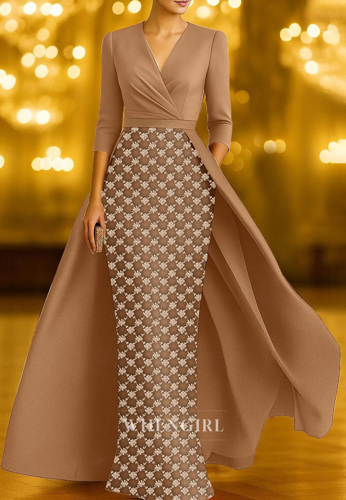 Sheath V Neck Half Sleeves Mother of the Bride Dress with Overskirt