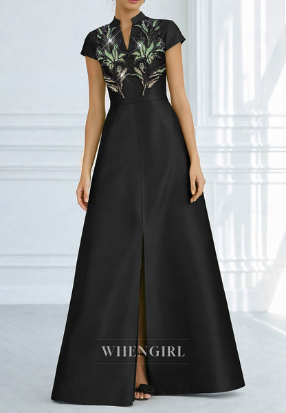 A-Line V neck Cap Sleeves Beaded Slit Mother of the Bride Dress